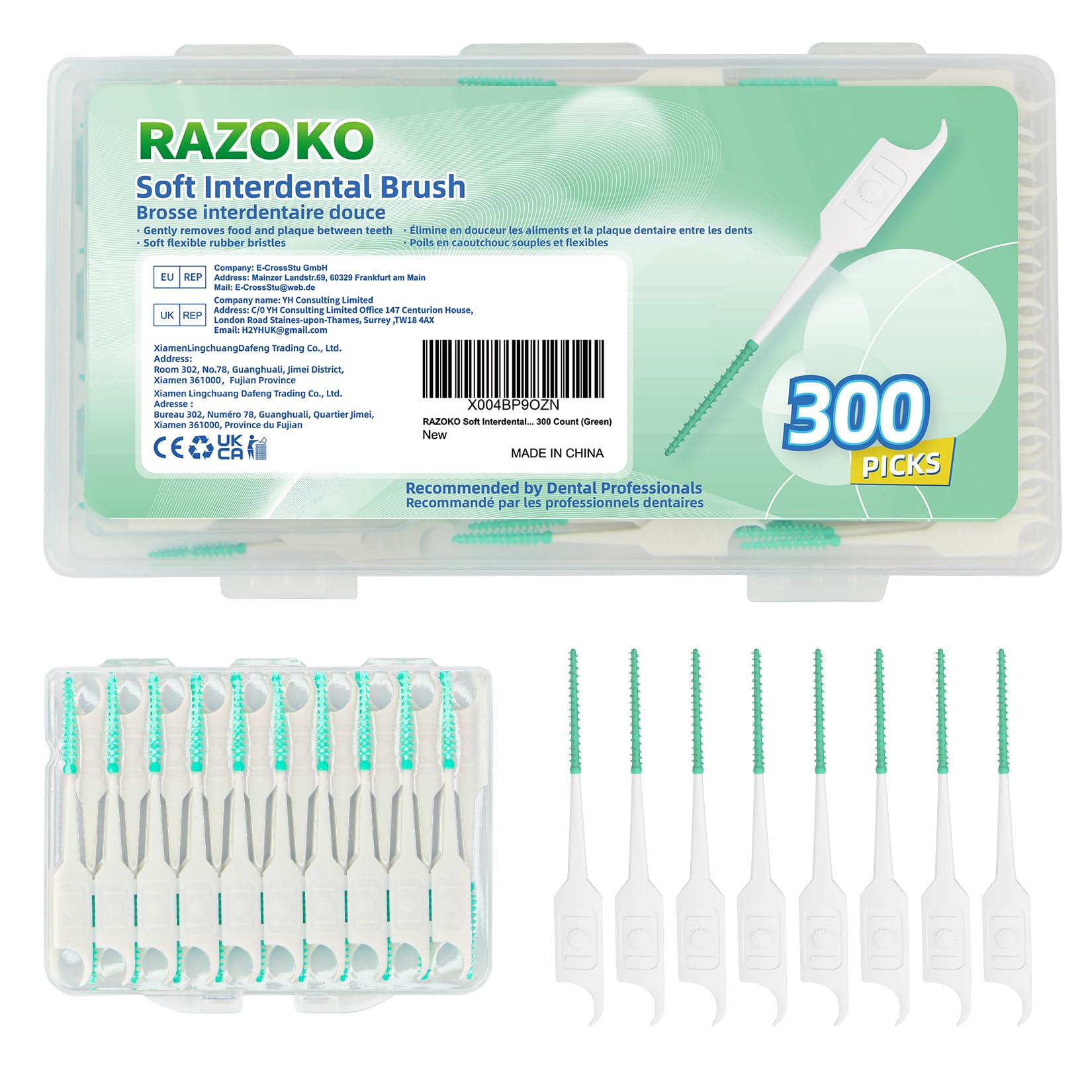 RAZOKO envase frontal mostrando cepillos y estuche portable, limpieza inmediata