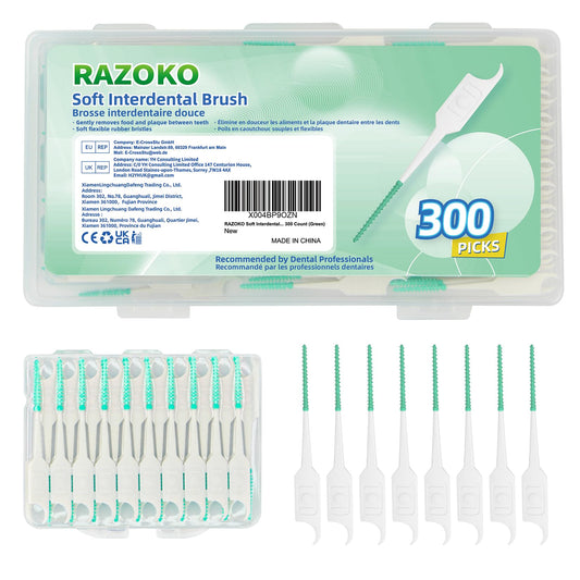 RAZOKO envase frontal mostrando cepillos y estuche portable, limpieza inmediata