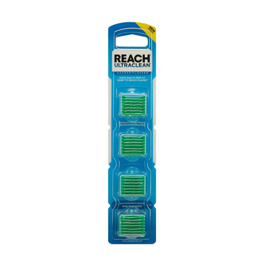Reach paquete frontal de 28 cabezales mostrando cantidad y sabor menta para comodidad