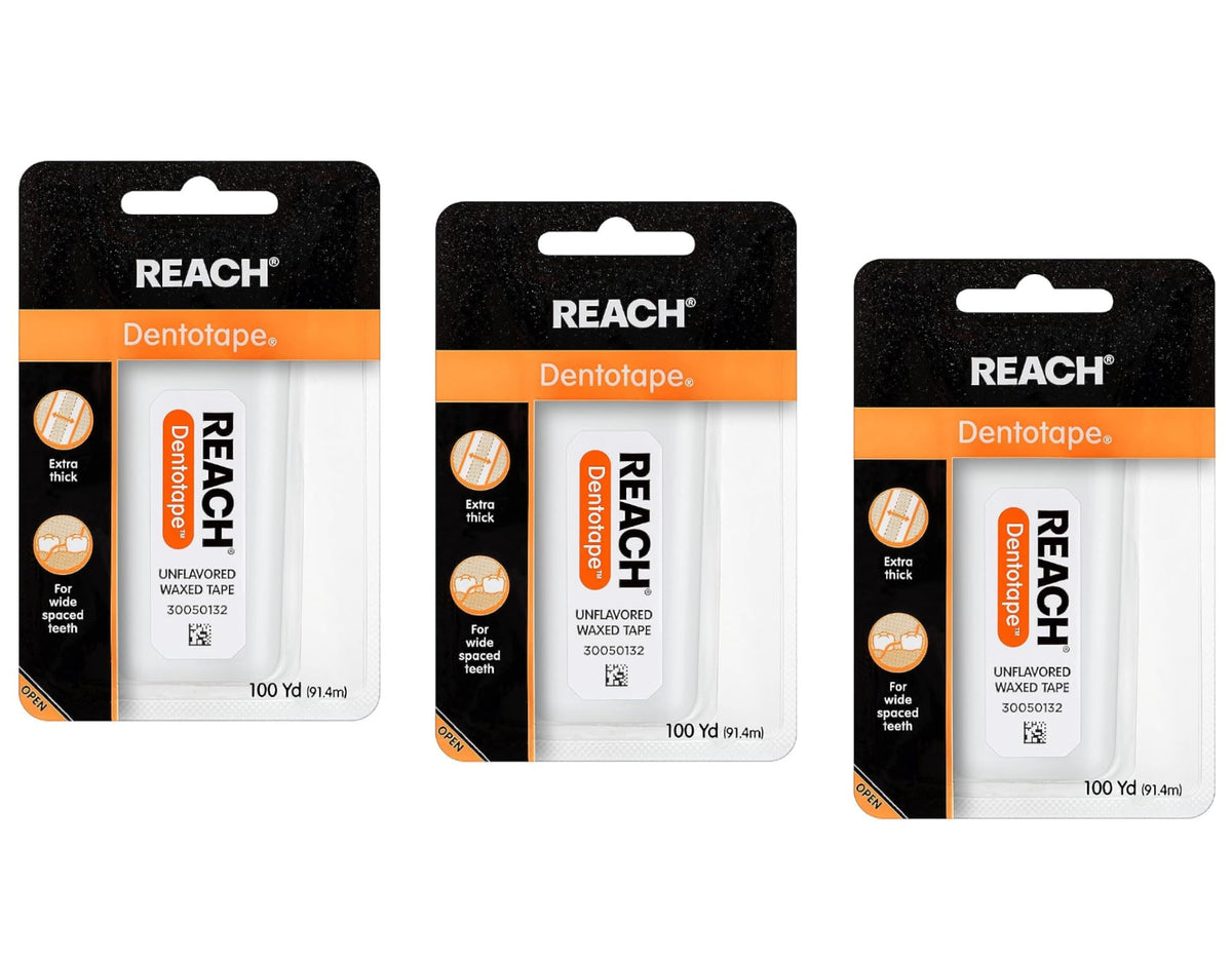 Reach Dentotape paquete frontal mostrando 100 yardas y diseño práctico