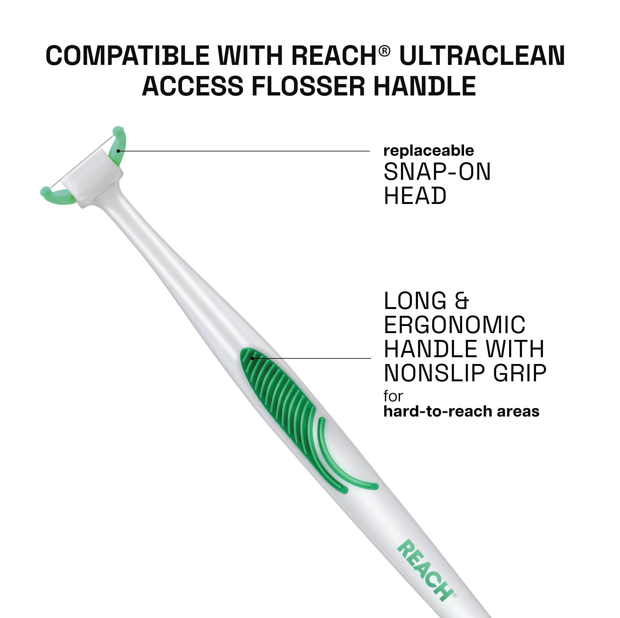 Reach flosser en uso entre muelas posteriores, beneficio acceso a zonas difíciles