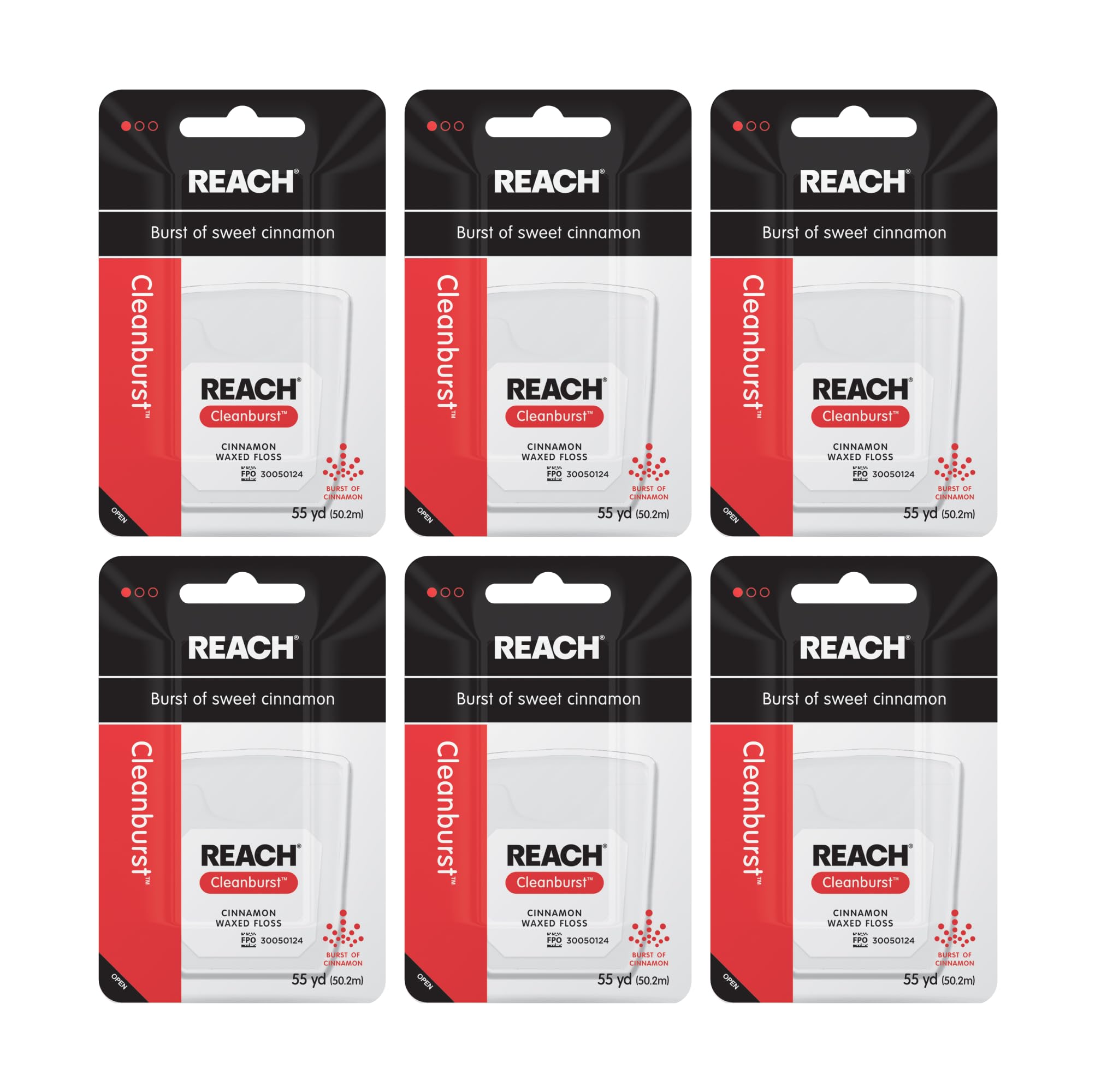 Reach envase frontal del hilo dental encerado mostrando sabor canela y paquete de 6 beneficios portabilidad