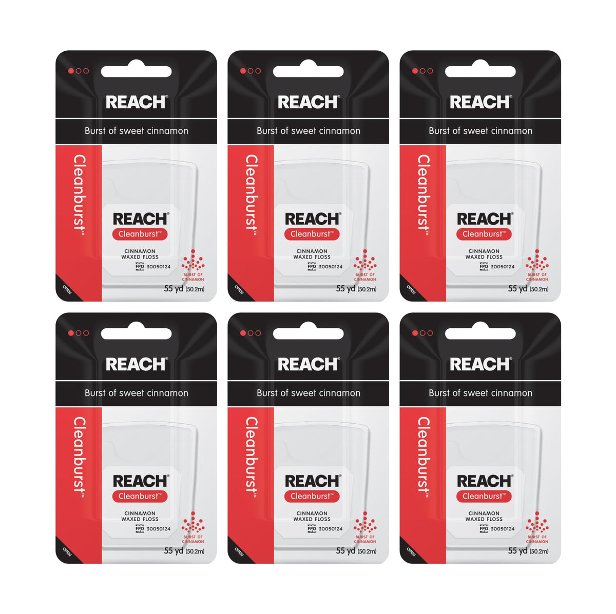 Reach envase frontal del hilo dental encerado mostrando sabor canela y paquete de 6 beneficios portabilidad