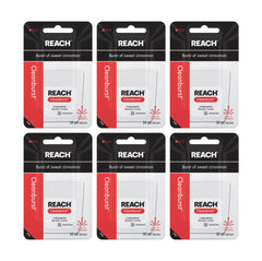 Reach envase frontal del hilo dental encerado mostrando sabor canela y paquete de 6 beneficios portabilidad