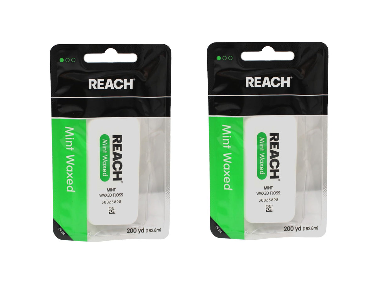Reach hilo dental encerado pack frontal mostrando dos dispensadores y beneficio de larga duración