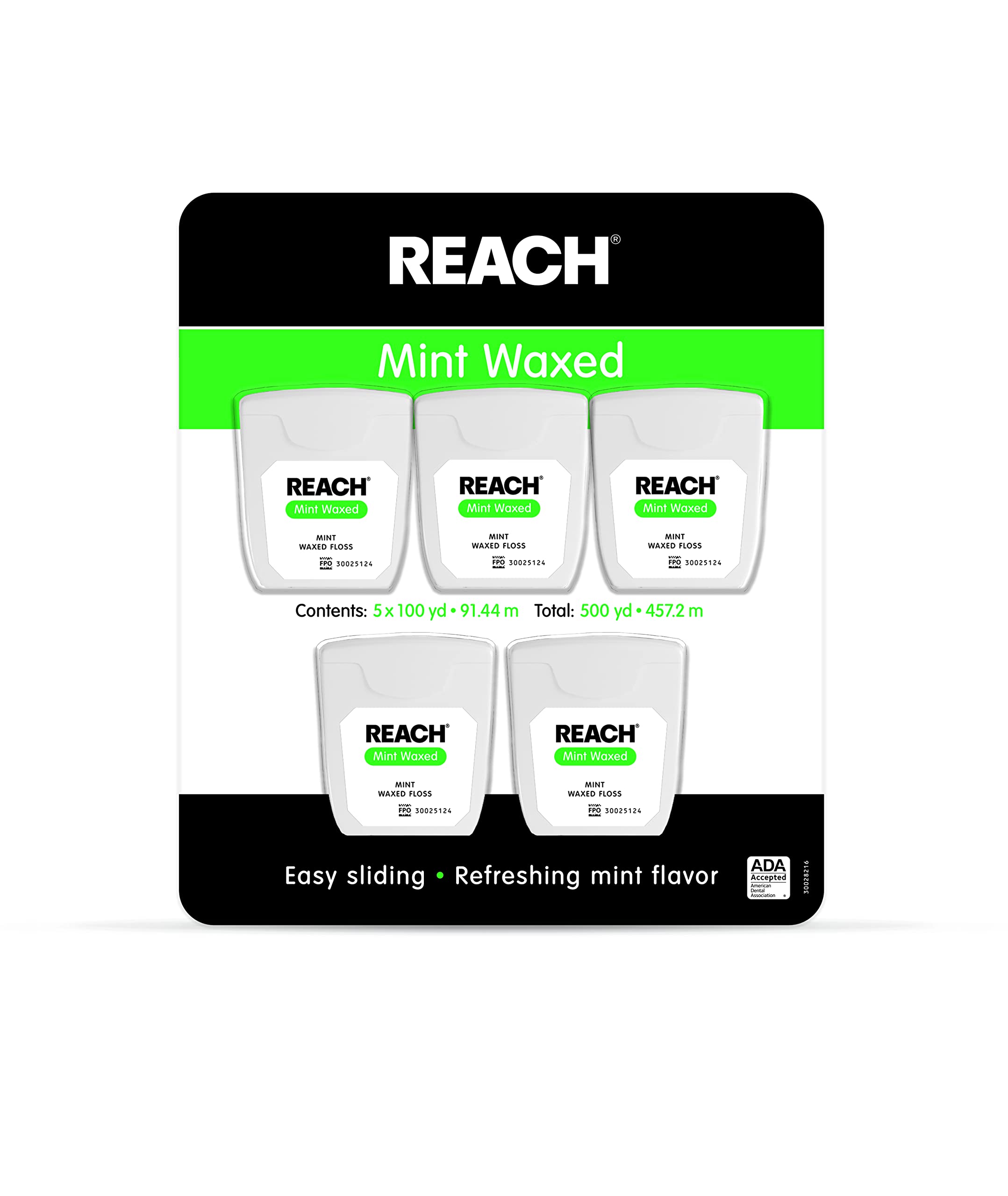 Reach envase frontal paquete de cinco con menta y diseño práctico