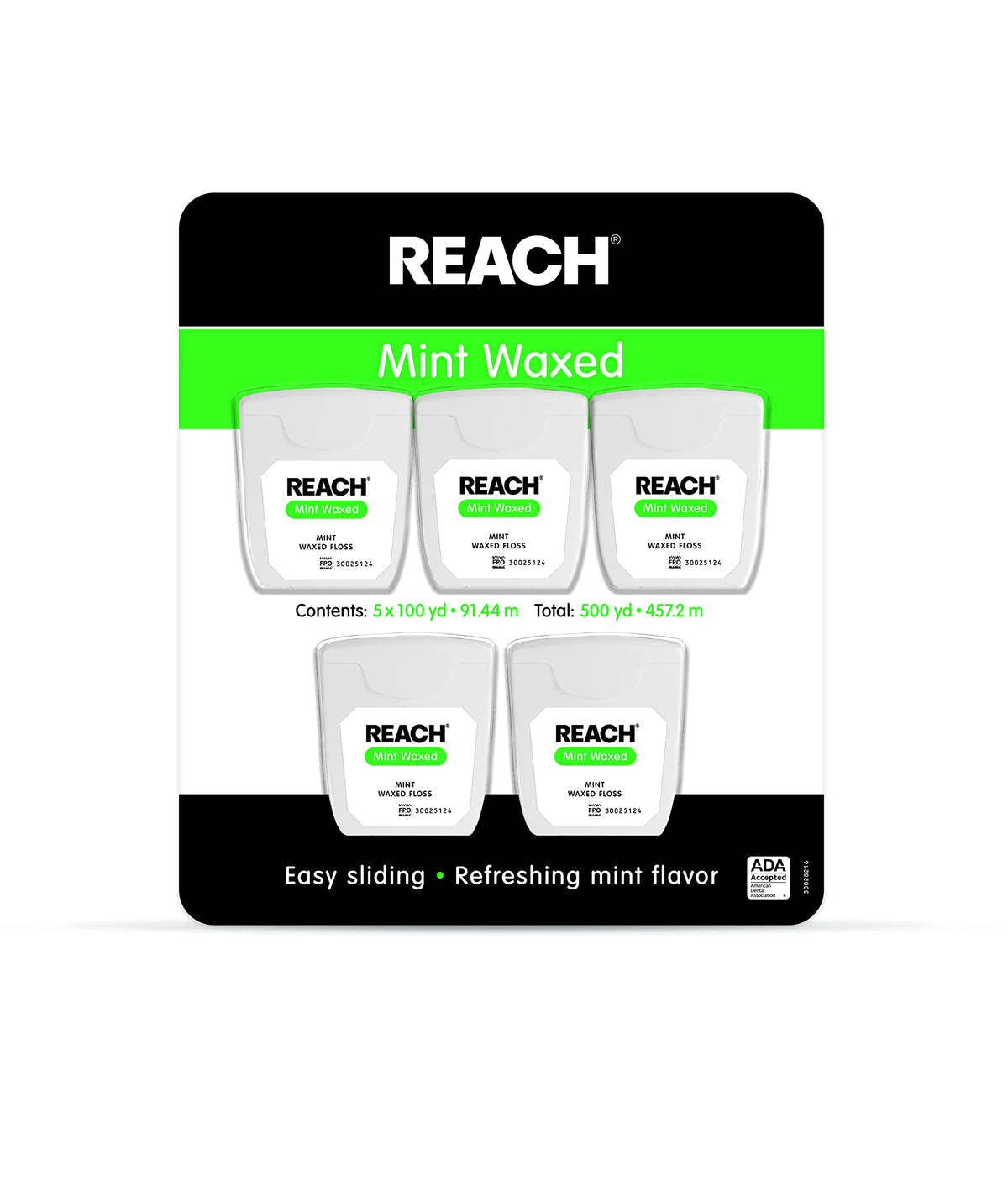 Reach envase frontal paquete de cinco con menta y diseño práctico