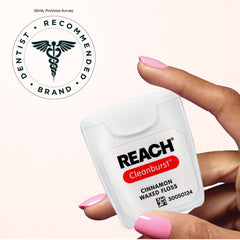 Reach hilo dental junto a una regla mostrando tamaño y cantidad práctica por rollo