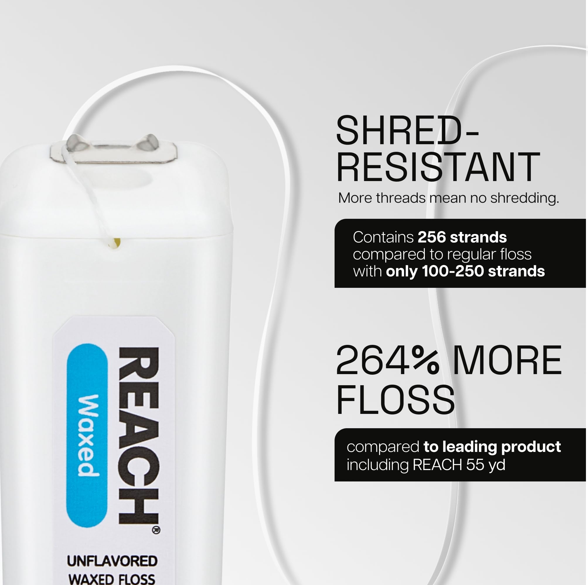 Reach hilo dental en uso entre dientes demostrando deslizamiento suave