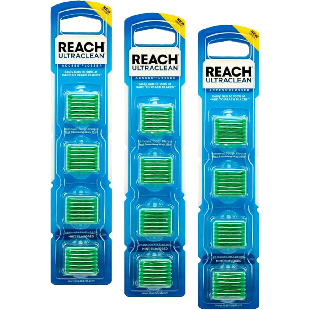 Reach Listerine caja frontal mostrando recambios y beneficio conveniencia
