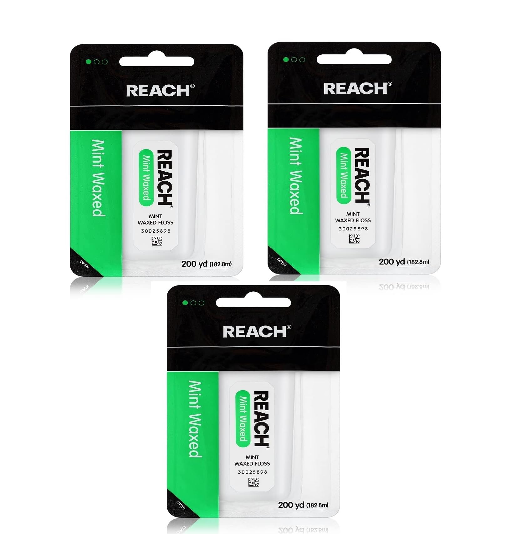Reach hilo dental frontal paquete de 3 mostrando presentación y frescor