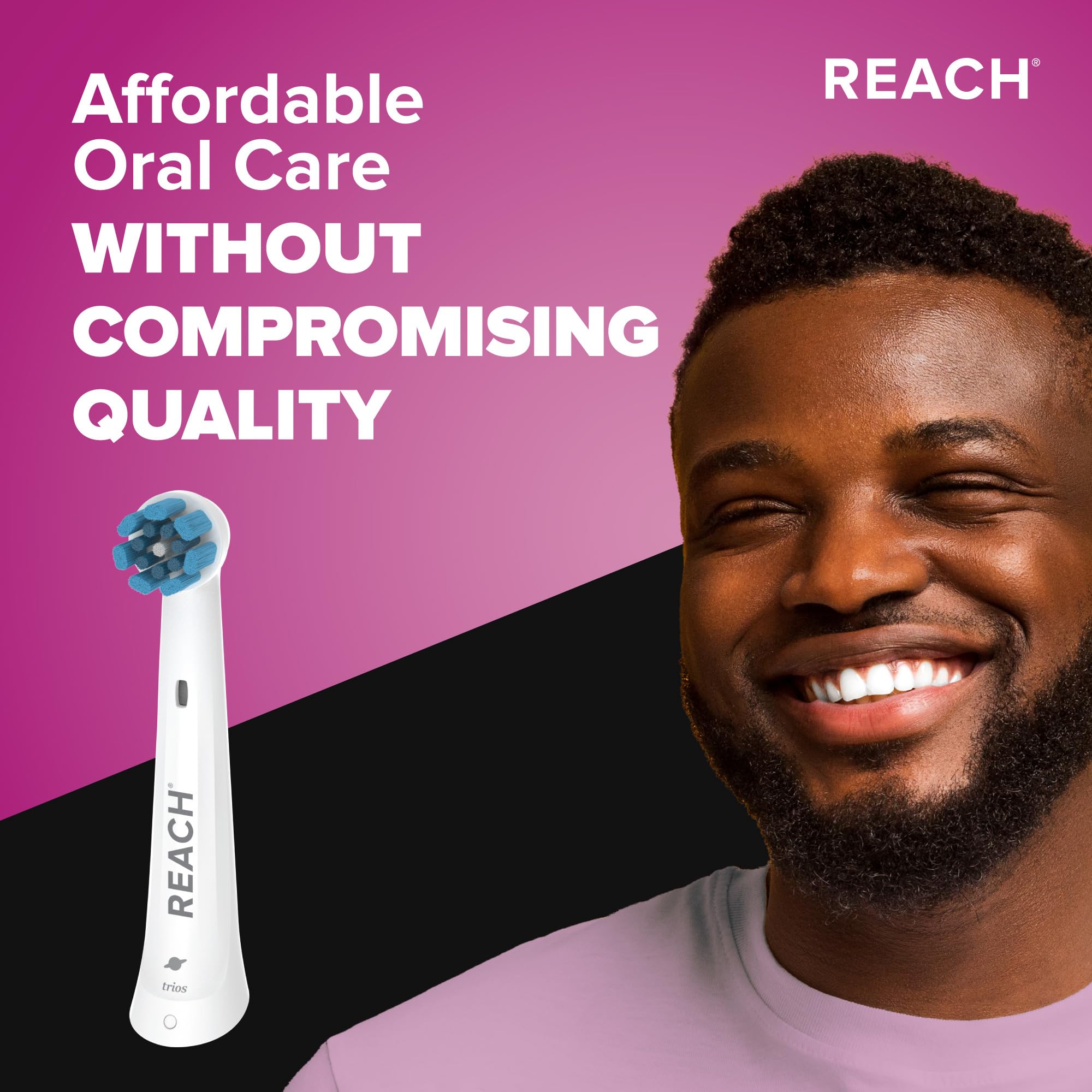 Reach cabezal montado en mango Oral‑B iO demostrando ajuste seguro y funcionamiento