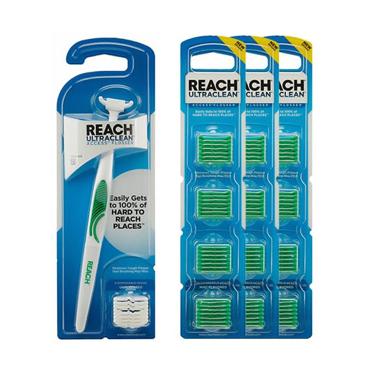 Reach paquete frontal mostrando kit starter y recambios, beneficio limpieza completa