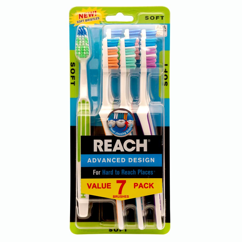 Reach paquete frontal mostrando los siete cepillos y portabilidad