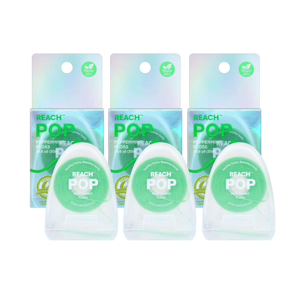 Reach empaque frontal del hilo dental menta mostrando color brillante y marca para confianza
