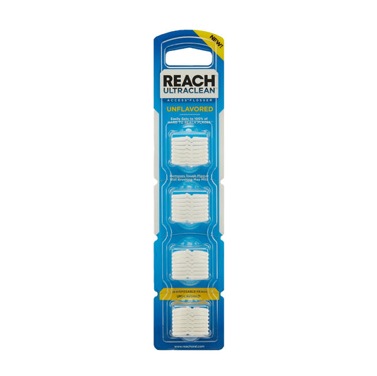 REACH empaque frontal con 28 cabezas, conveniencia para higiene interdental