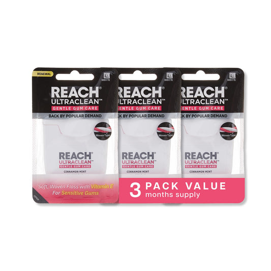 REACH frente del paquete mostrando pack triple y beneficio duración