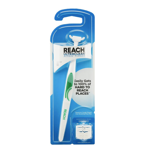 REACH flosser frontal del paquete mostrando kit completo y beneficio práctico