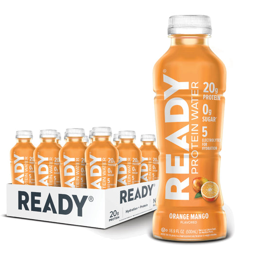 Ready botella frontal naranja mango mostrando diseño y apetecible beneficio refrescante