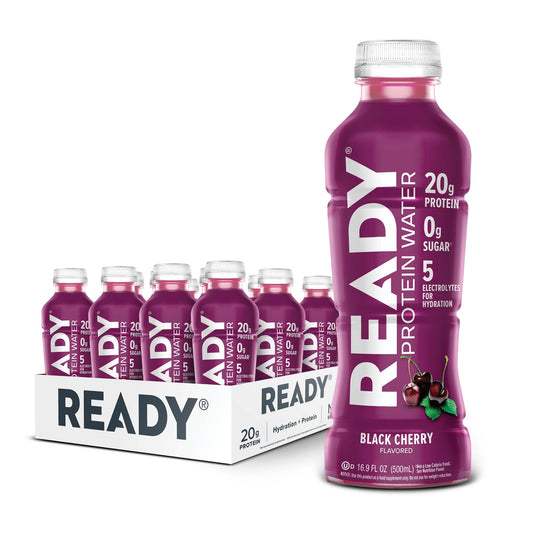Ready botella frontal Black Cherry mostrando diseño y proteína lista para hidratar