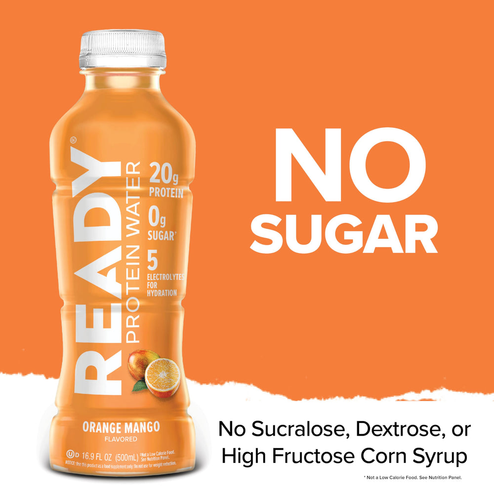 Ready etiqueta con información nutricional destacando 20 g proteína y cero azúcar