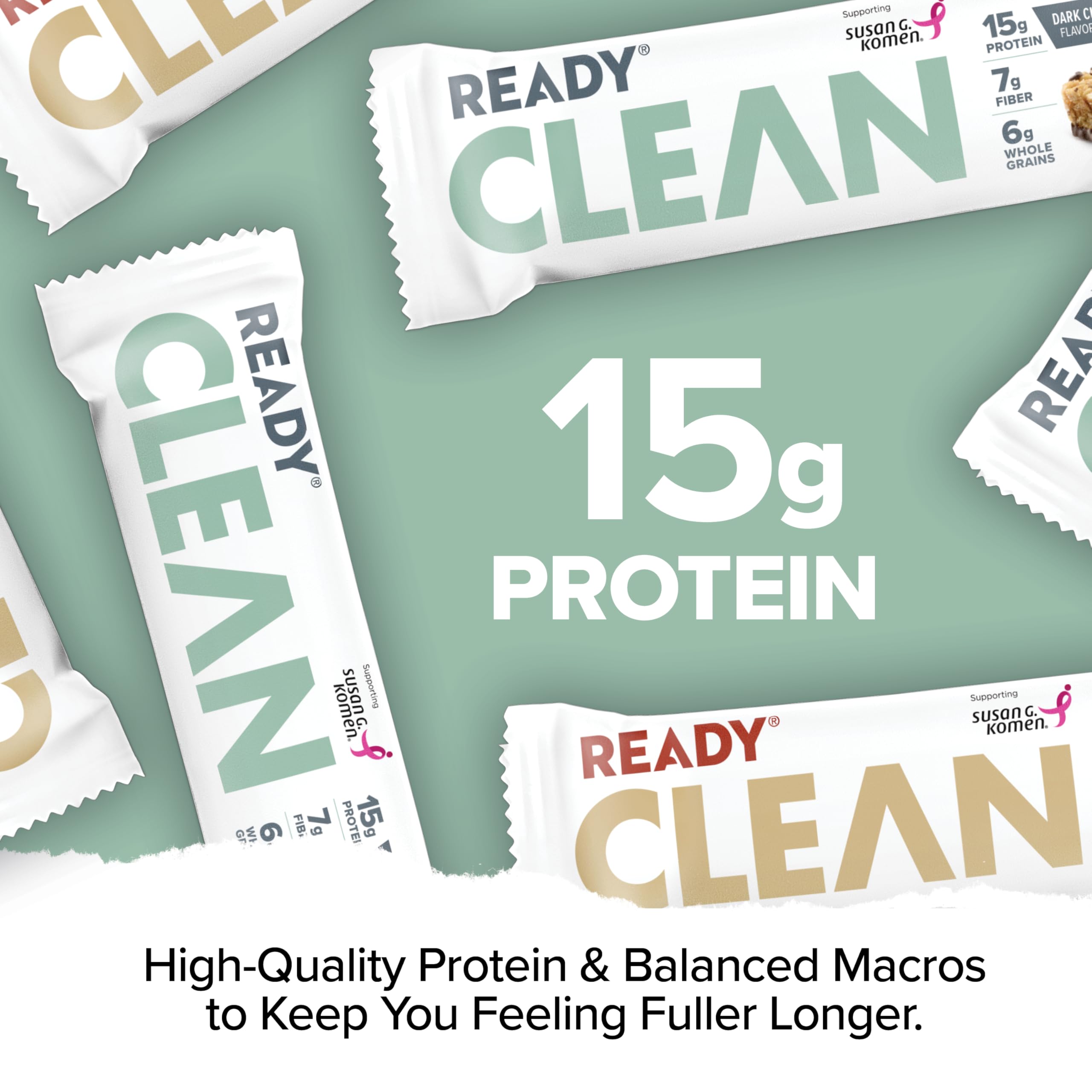 Ready etiqueta nutricional destacando 15 g de proteína por barra