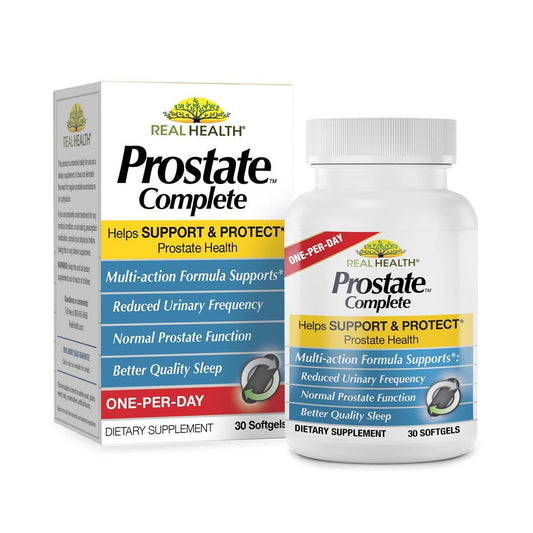 Real Health envase frontal mostrando Prostate Complete y beneficios visibles