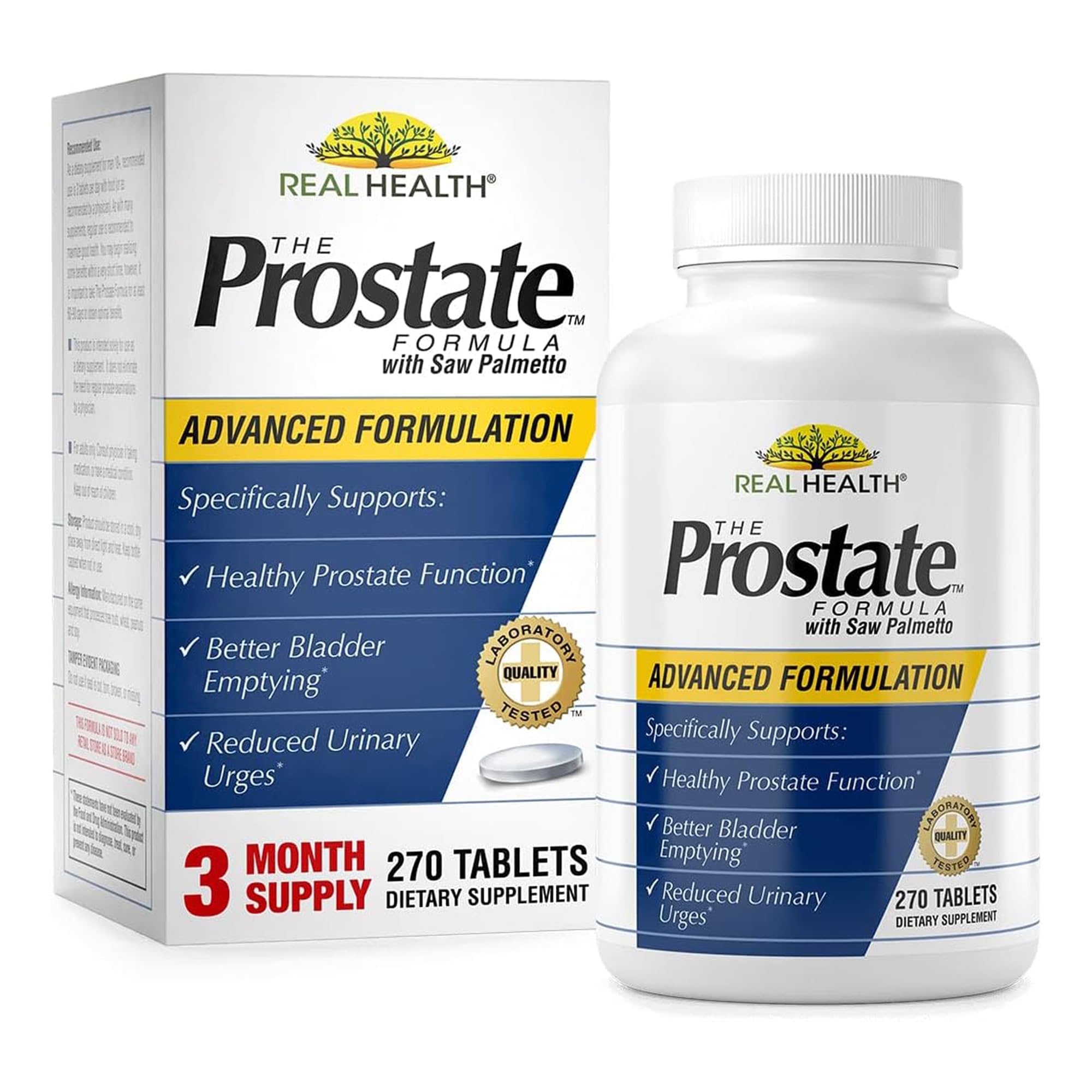 Real Health envase frontal mostrando 270 tabletas, apoyo prostático claro