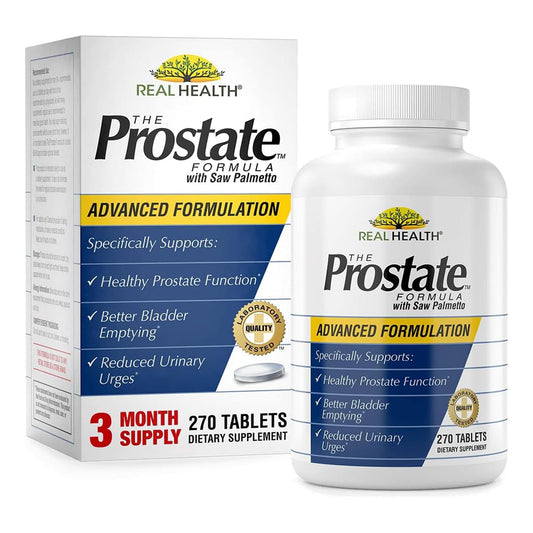 Real Health envase frontal mostrando 270 tabletas, apoyo prostático claro