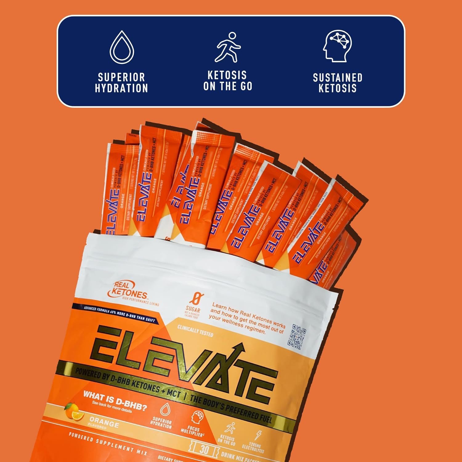 Real Ketones bebida naranja en vaso lista para beber y refrescar sin azúcar