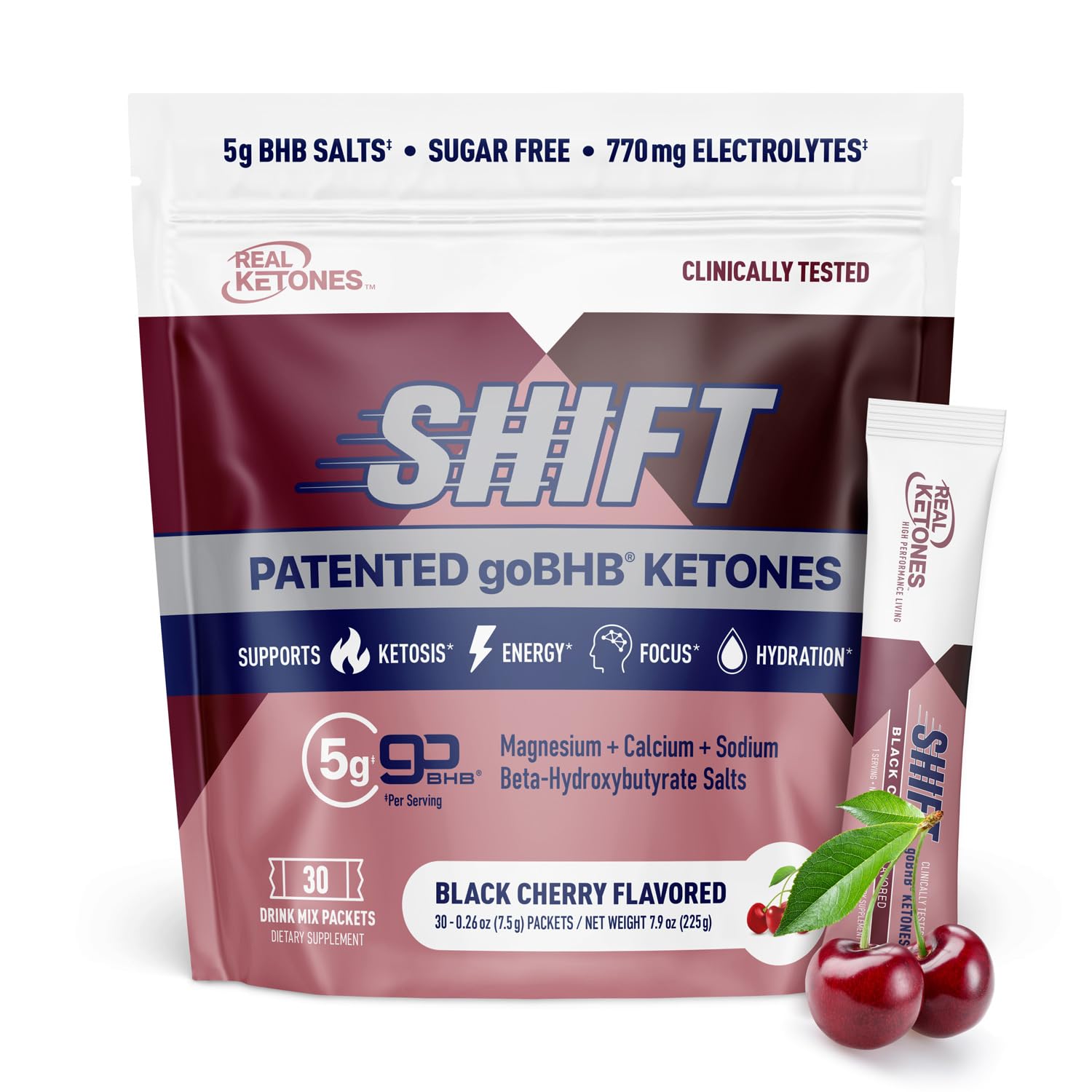 Real Ketones frente del empaque mostrando 30 sobres y beneficio de conveniencia