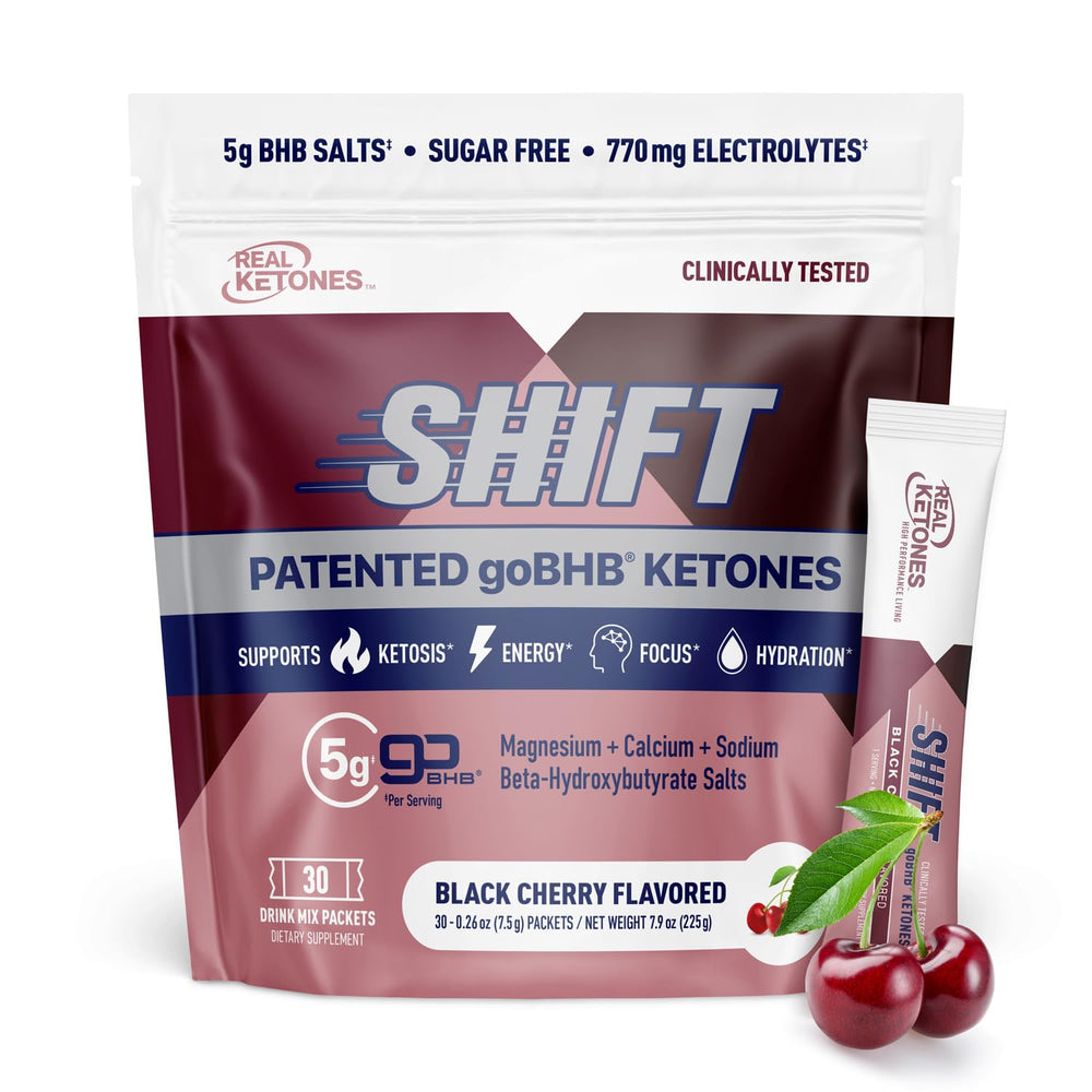Real Ketones frente del empaque mostrando 30 sobres y beneficio de conveniencia