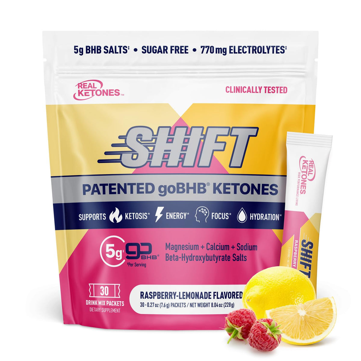 Real Ketones frente del empaque mostrando 30 sobres y sabor frambuesa-limonada, claridad de producto