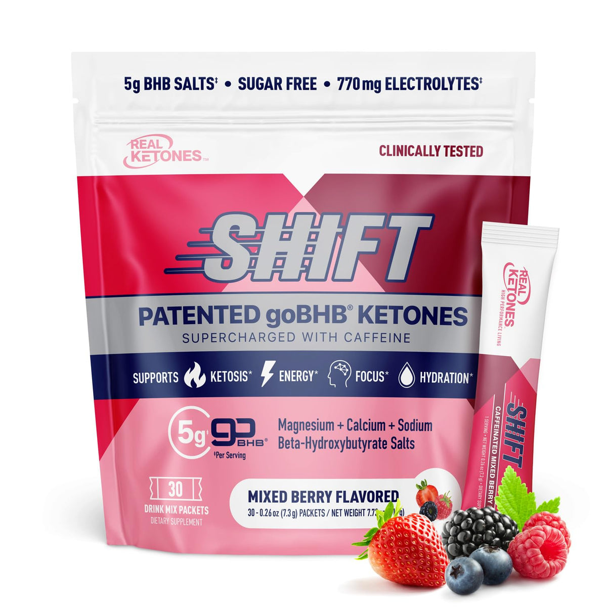 Real Ketones frente del empaque mostrando 30 sobres y beneficios