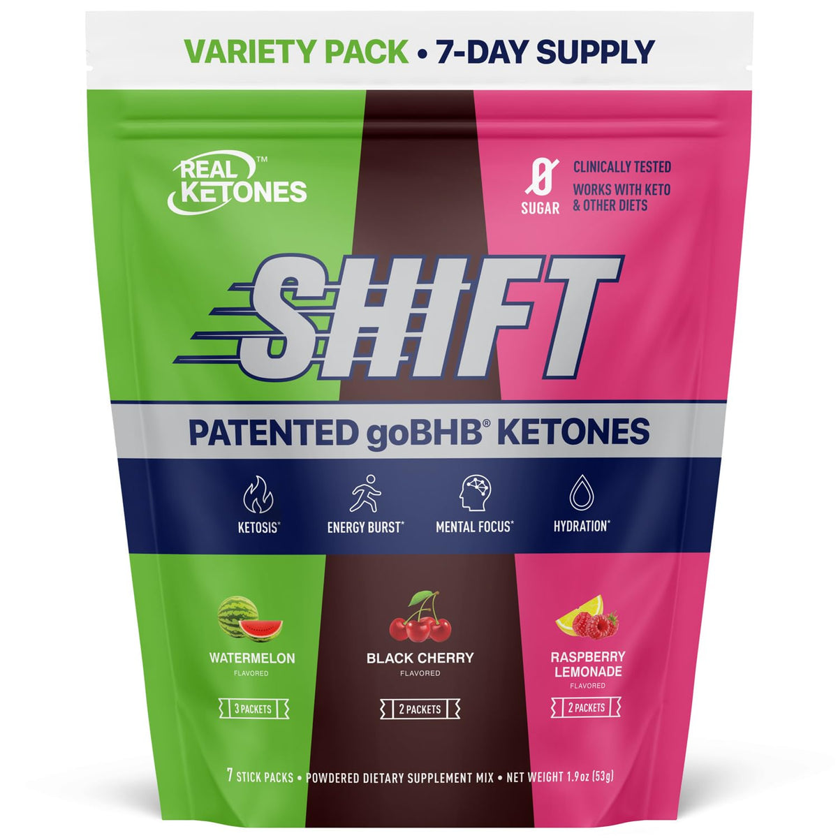 Real Ketones vista frontal del empaque mostrando sobres y marca, fácil identificación