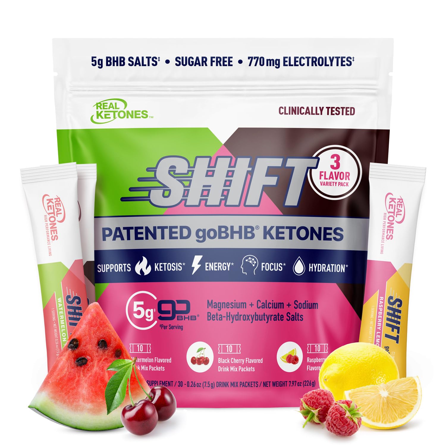 Real Ketones frente del pack mostrando variedad de 30 sobres y beneficios visibles