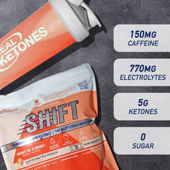 Real Ketones bebida durazno en vaso, refrescante y lista para energía
