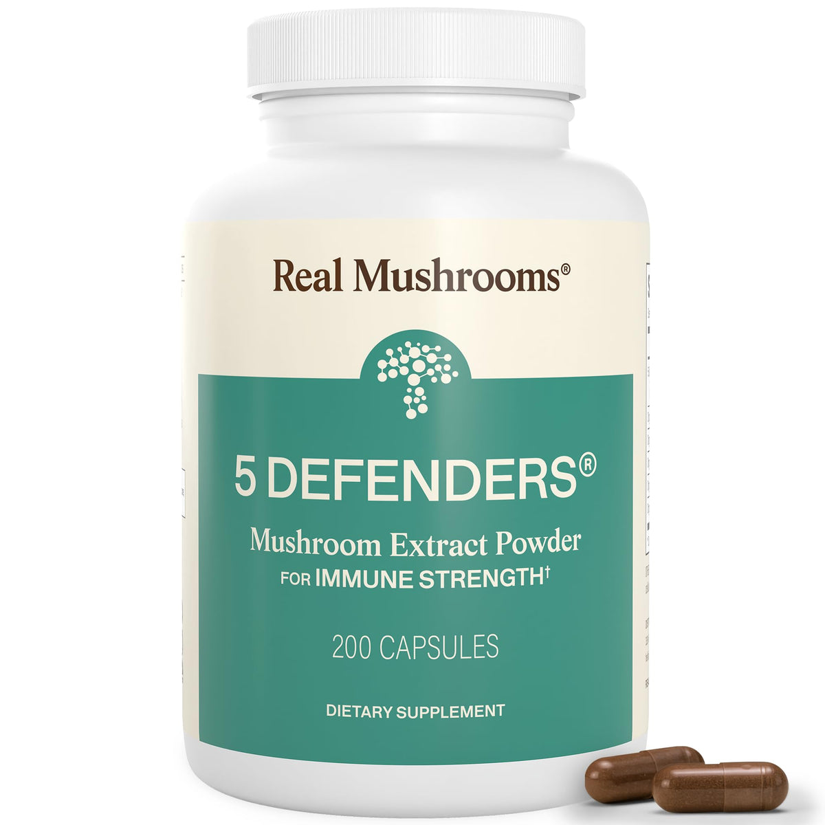 Real Mushrooms frasco frontal mostrando etiqueta y cantidad 200 cápsulas, confianza y pureza