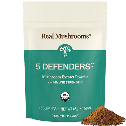 Real Mushrooms envase frontal profesional mostrando producto y etiqueta