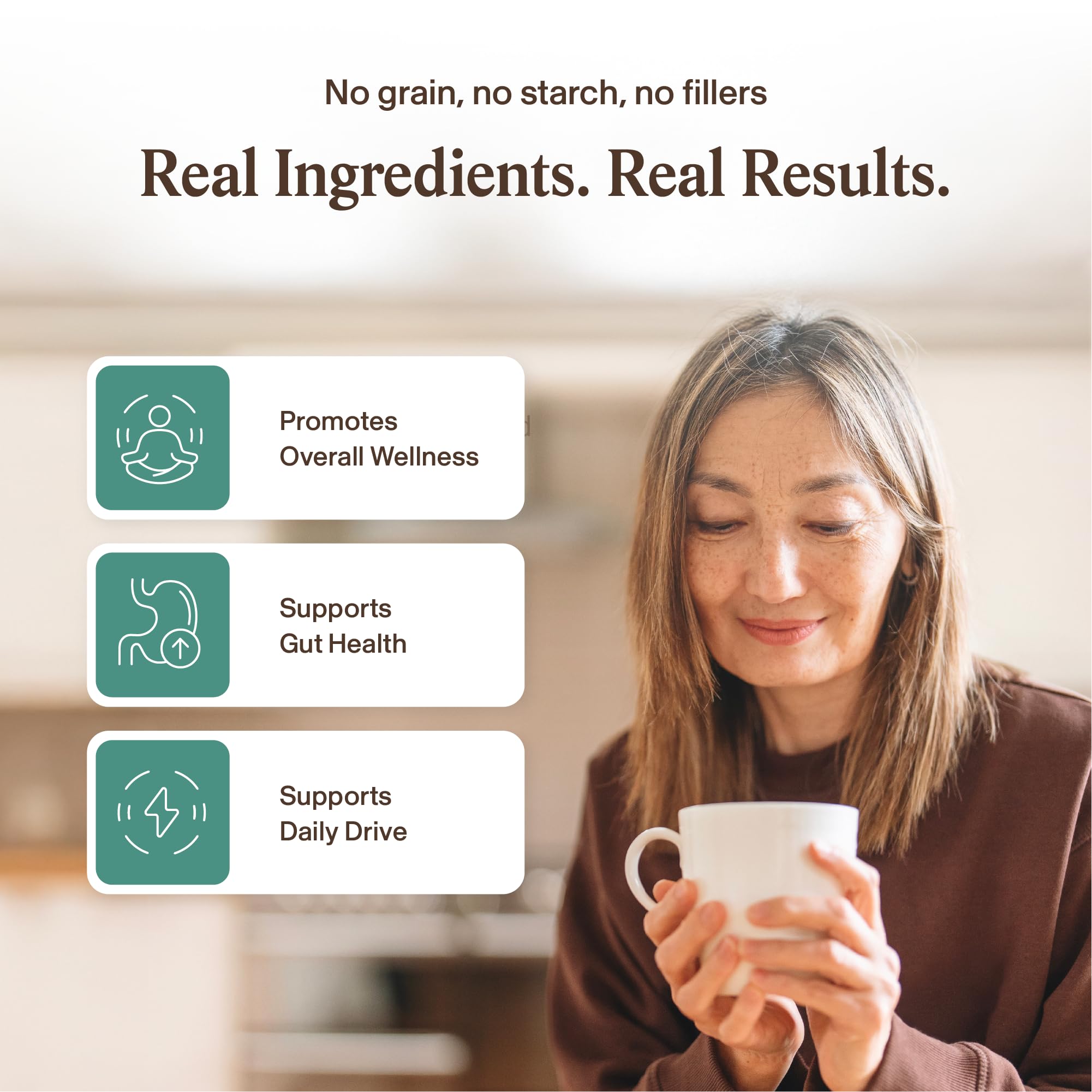 Real Mushrooms etiqueta detalle con lista de hongos y certificados, transparencia del producto