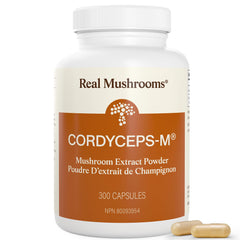 Real Mushrooms frasco delante mostrando 300 cápsulas y conveniencia
