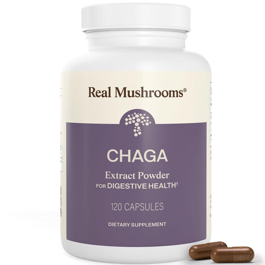 Real Mushrooms envase frontal mostrando cápsulas y beneficio de pureza