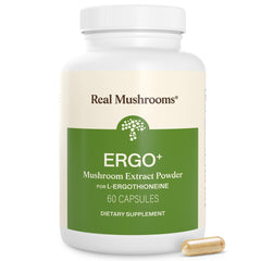 Real Mushrooms frasco frontal mostrando 60 cápsulas y origen orgánico