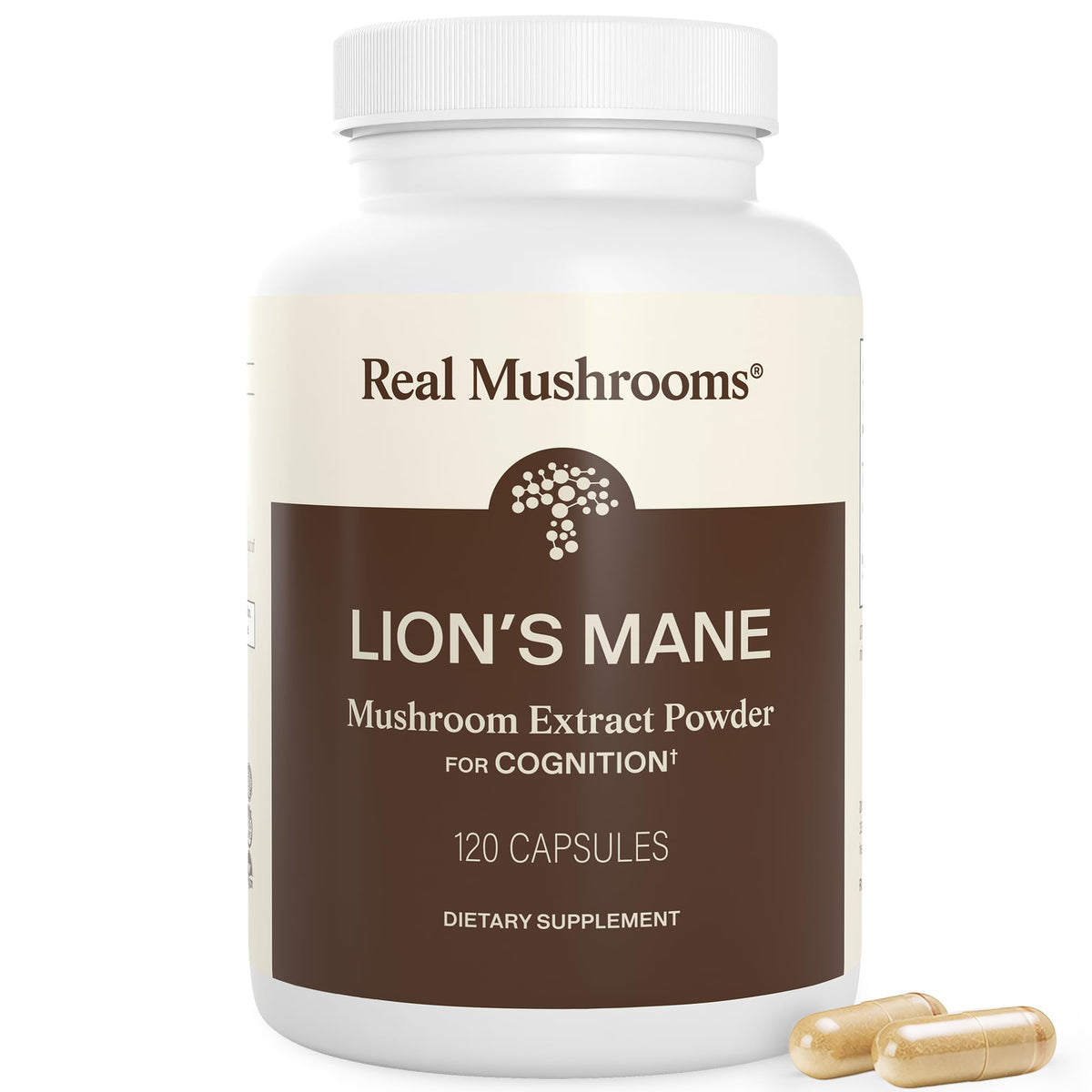 Real Mushrooms frasco delantero mostrando etiqueta clara y beneficios