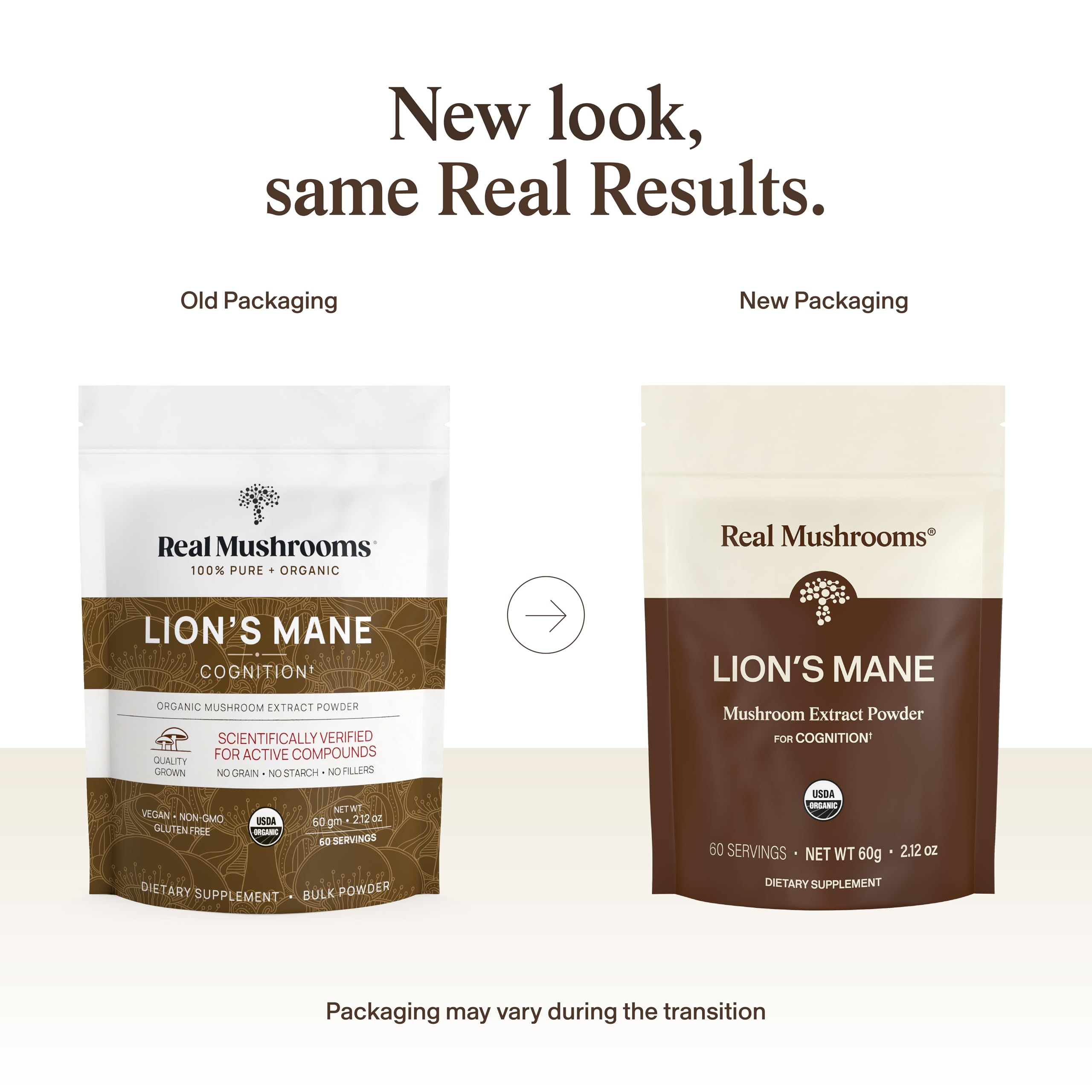 Real Mushrooms primer plano de la etiqueta con información de beta‑glucanos verificados