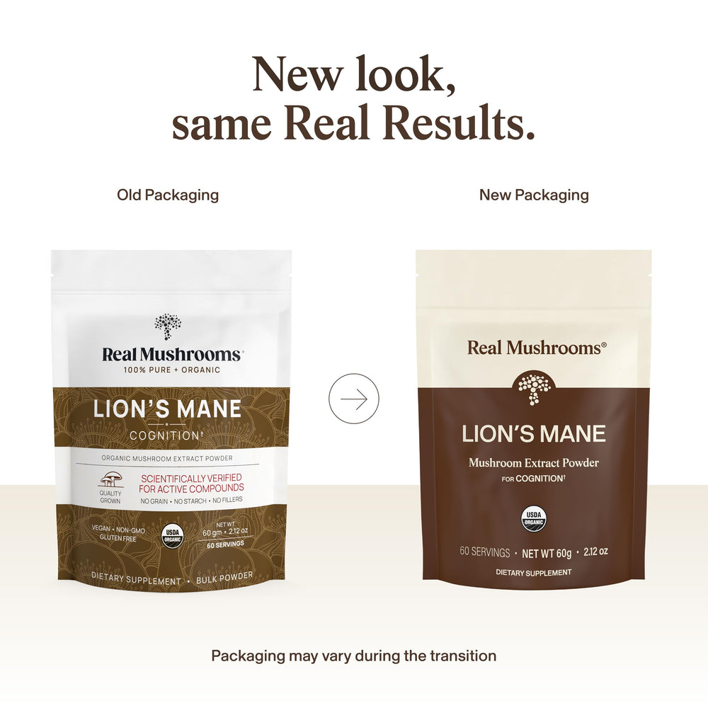 Real Mushrooms primer plano de la etiqueta con información de beta‑glucanos verificados