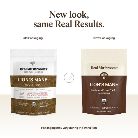 Real Mushrooms primer plano de la etiqueta con información de beta‑glucanos verificados
