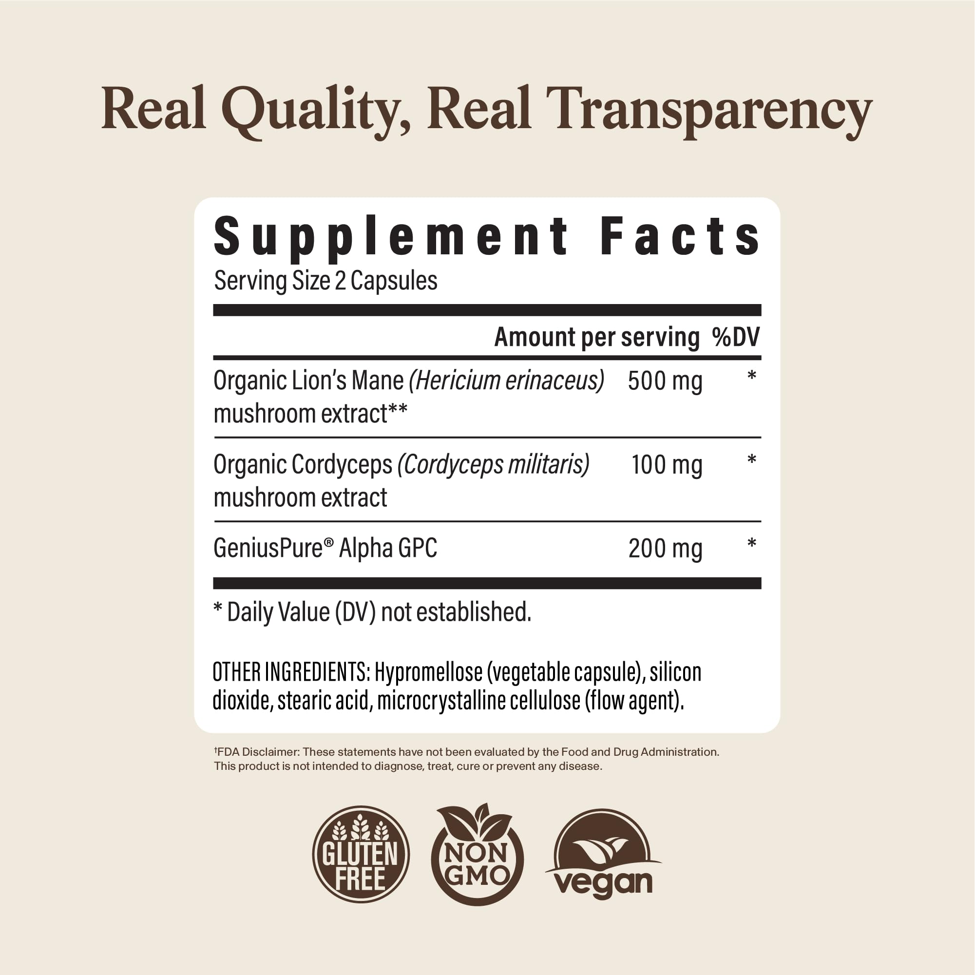 Real Mushrooms etiqueta nutricional legible con datos de ingredientes