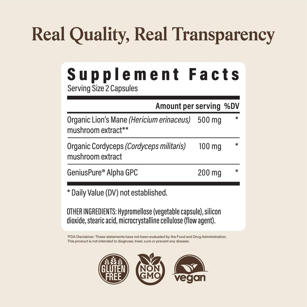 Real Mushrooms etiqueta nutricional legible con datos de ingredientes