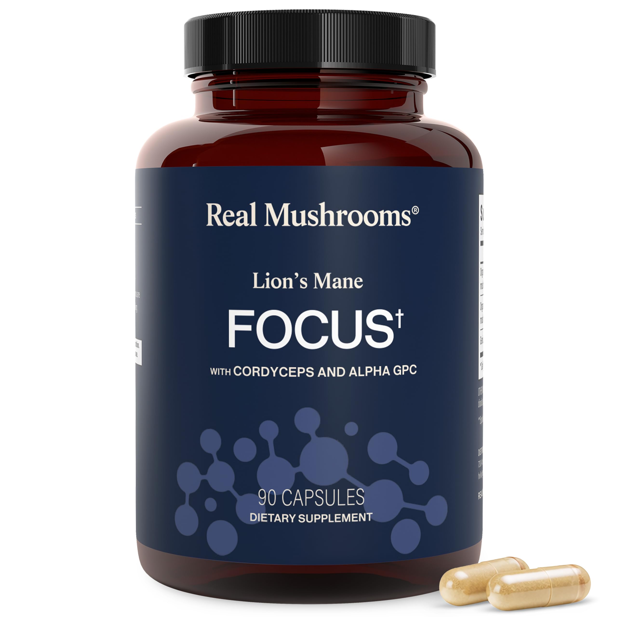 Real Mushrooms frasco delantero mostrando etiqueta y beneficios